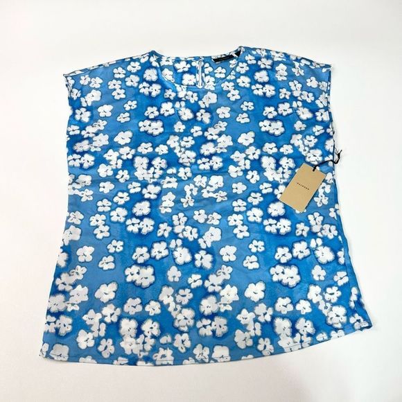 Halogen Shirt Womens Small Blouse Satin Short Sleeve Floral Ladies Blue - Picture 1 of 8